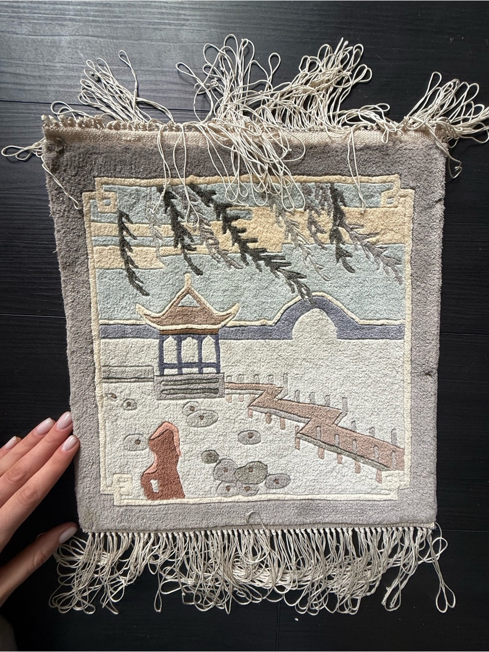 Vintage 1970s Japanese MCM Handcrafted Gray and Cream art Asian Wall Hanging